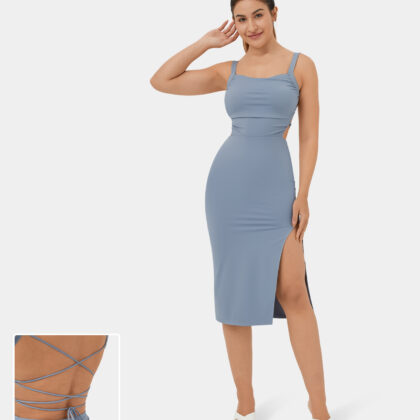 Ruched Split Backless Crisscross Lace Up Bodycon Midi Casual Dress